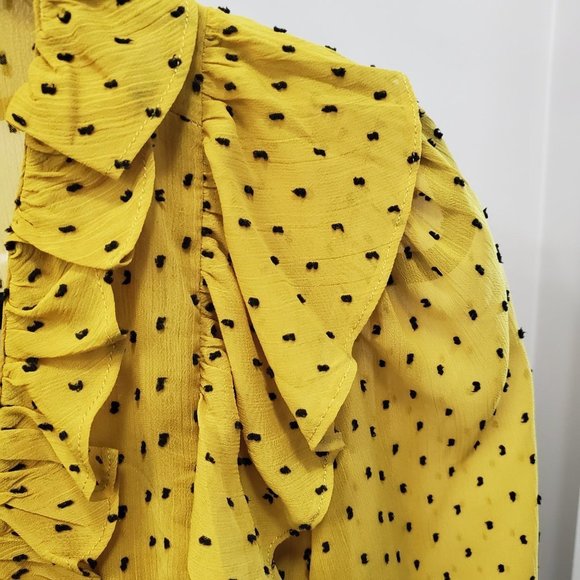 𝅺belle Vere Mustard Black Polka Dot Ruffled V-Neck Peplum Blouse Size S - Picture 3 of 6